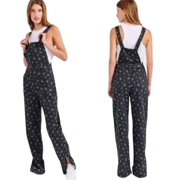 WeWoreWhat Slouchy Fit Ditsy Floral Denim OVERALLS Black Blue Size S NWT